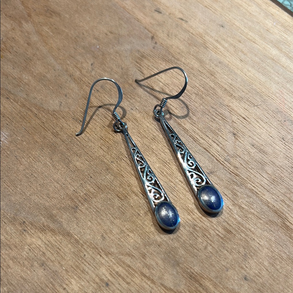 Vintage Sterling Silver Long Onyx Filigree Dangle Drop Earrings 1.5”